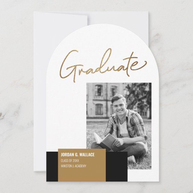 Minimal Gold Script Graduate Photo Graduation Invitation (Front)