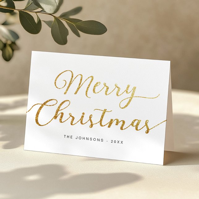 Minimal Gold Script Merry Christmas Folded Card (Simple Gold Christmas Card)