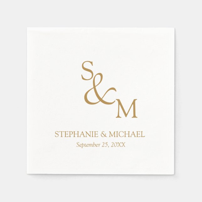 Minimal Gold Script Monogram Wedding Napkins (Front)