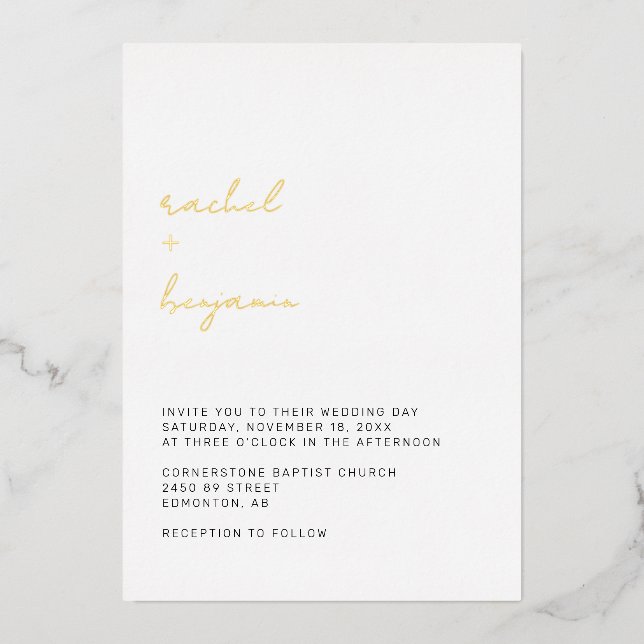 Minimal Gold Script Wedding Elegant Modern Foil Invitation (Front)