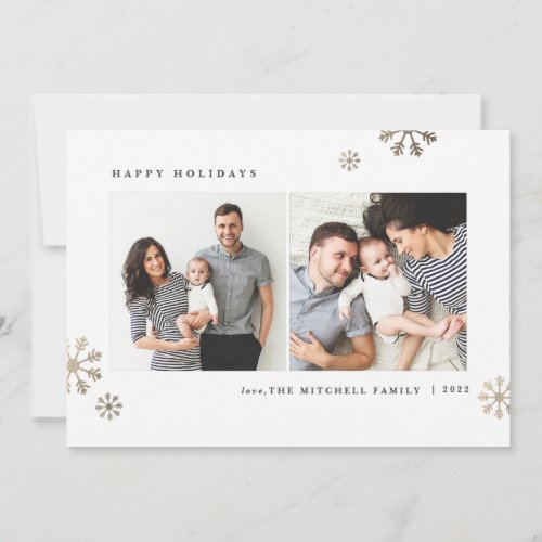 Minimal Gold Snowflake 3 Photo Collage Holiday Card