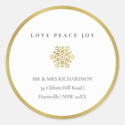 Minimal Gold Snowflake Love Joy Peace Address Classic Round Sticker