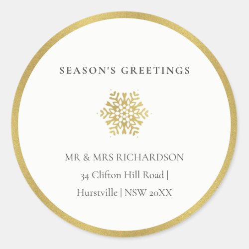 Minimal Gold Snowflake Seasons Greetings Address Classic Round Sticker
