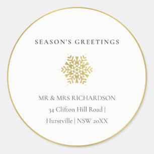 Minimal Gold Snowflake Season's Greetings Address Classic Round Sticker