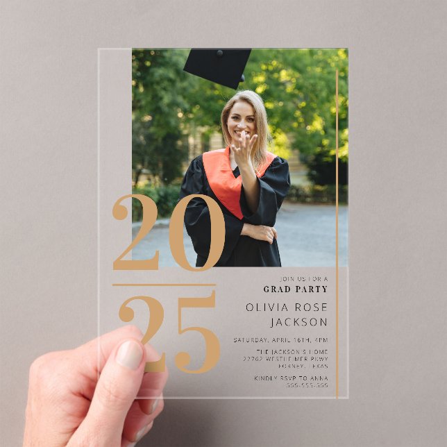 Minimal Gold Typography Photo Graduation Acrylic Invitations (Insitu (Handheld))