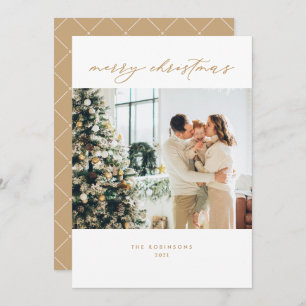 Minimal Gold White Elegant Script Christmas Photo Holiday Card