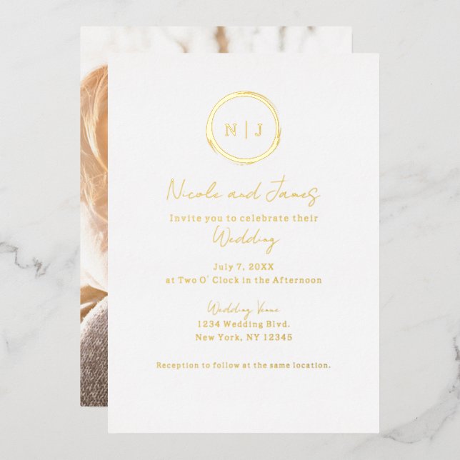 Minimal Gold White Modern Glam Wedding Photo  Foil Invitation (Front/Back)