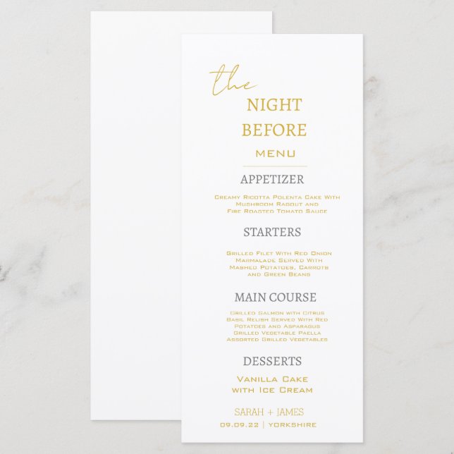Minimal Gold & White The Night Before Wedding  Menu (Front/Back)
