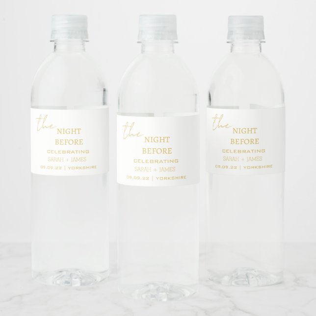 Minimal Gold White The Night Before Wedding  Water Bottle Label (Bottles)