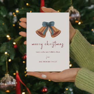 Minimal Golden Christmas Bell Ribbon Holiday Card