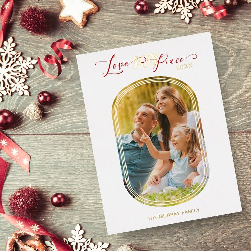 Minimal Golden Love Joy Peace Christmas Family Pic Foil Holiday Postcard