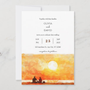 Minimal Golden Sunset Picnic Beach Wedding Invite