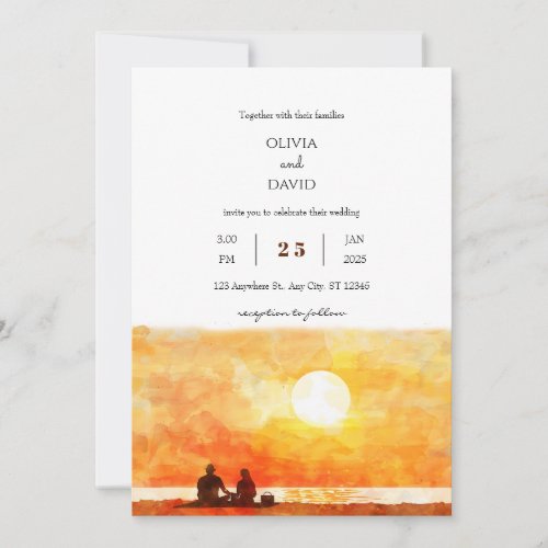 Minimal Golden Sunset Picnic Beach Wedding Invite 