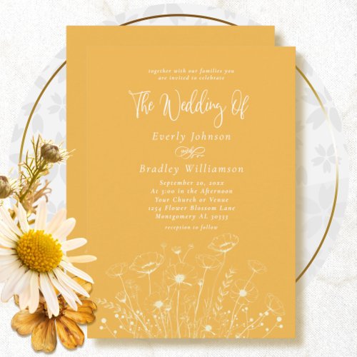 Minimal Golden Yellow White Floral Simple Wedding Invitation
