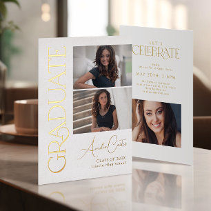 Minimal Graceful Elegance 3 Photo Graduation Foil Invitation