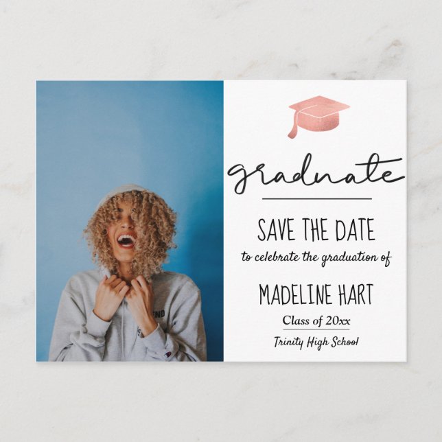 Minimal Graduate Script | Save The Date Photo  Announcement Postcard (Front)