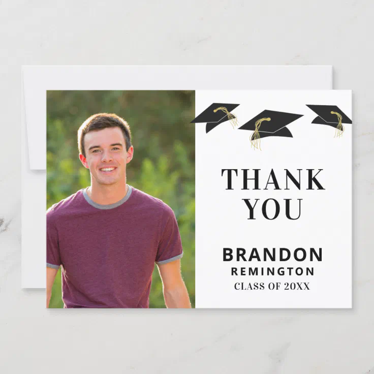 Minimal Graduation Cap Toss Black Gold Tassel Thank You Card | Zazzle