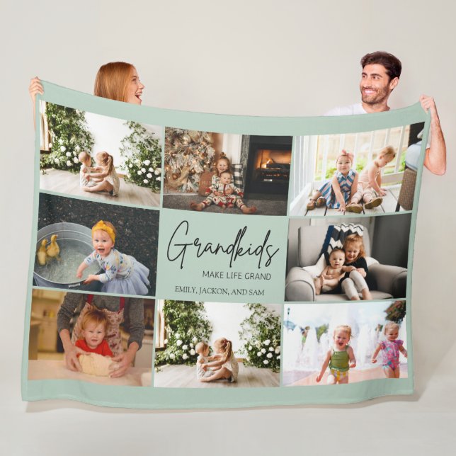 Minimal Grandkids Make Life Grand 8 Photo Collage Fleece Blanket (In Situ)