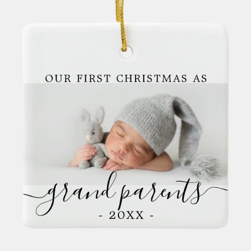 Minimal Grandparents first Christmas with photo Ceramic Ornament