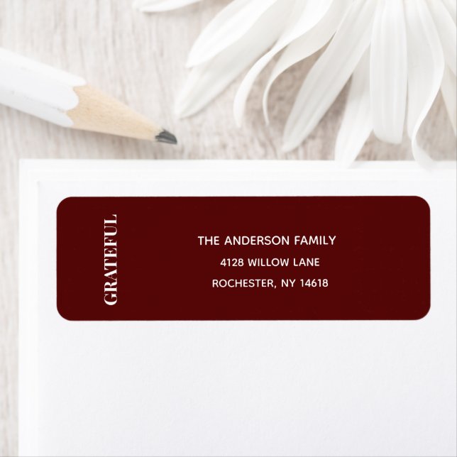 Minimal GRATEFUL | Deep Red Holiday Address Label (Insitu)