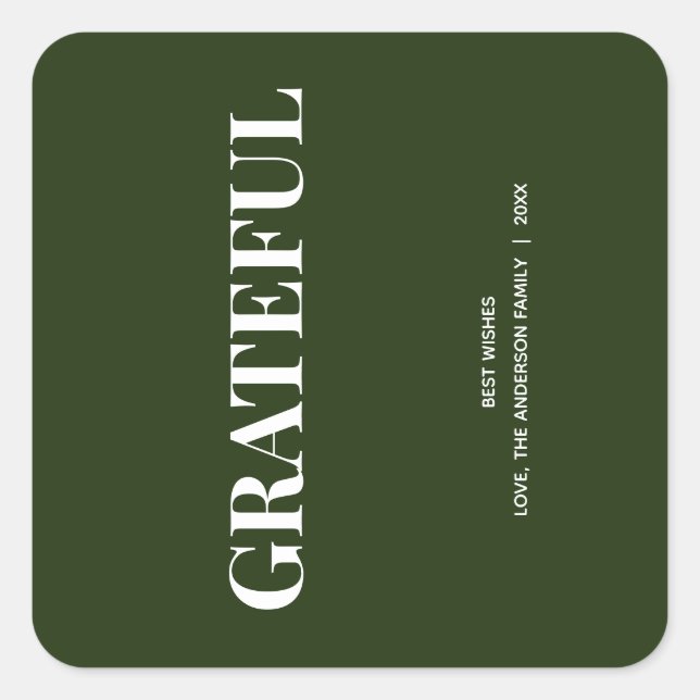 Minimal GRATEFUL | Forest Green Holiday Square Sticker (Front)