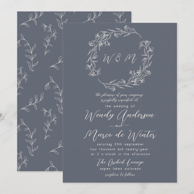 Minimal Gray and Cream Boho Botanical Wedding Invitation (Front/Back)