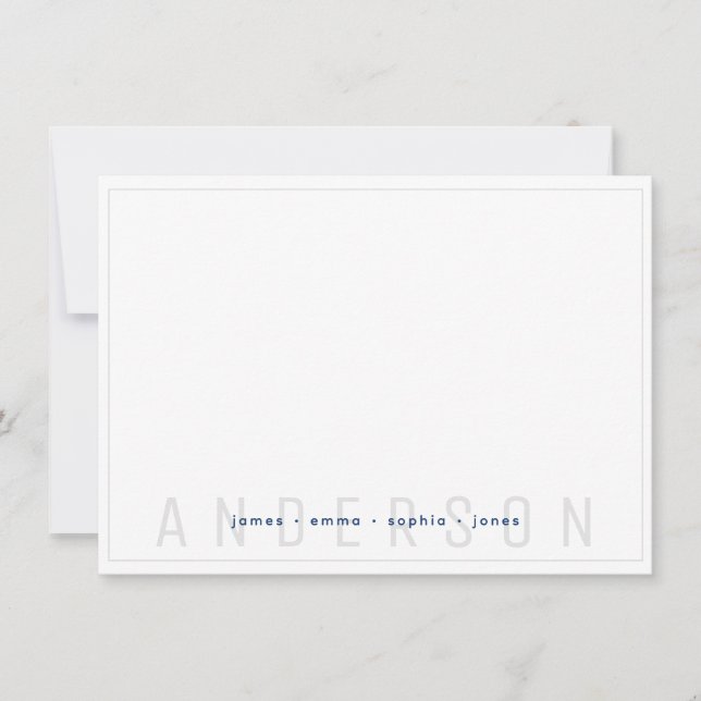 Minimal Gray and Navy Blue Border Family Last Name Note Card (Front)