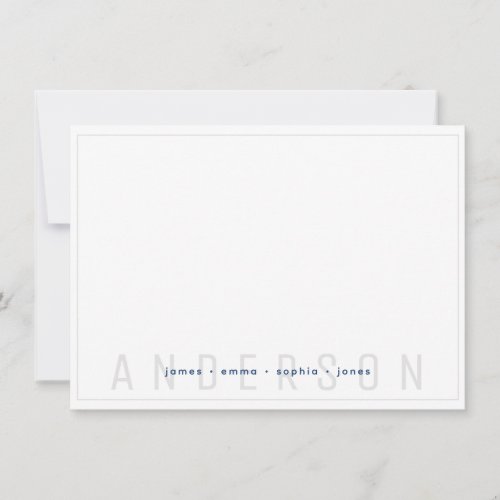 Minimal Gray and Navy Blue Border Family Last Name Note Card