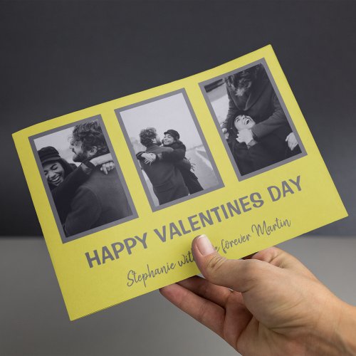Minimal Gray And Yellow 3 Photo Valentines Day Holiday Card