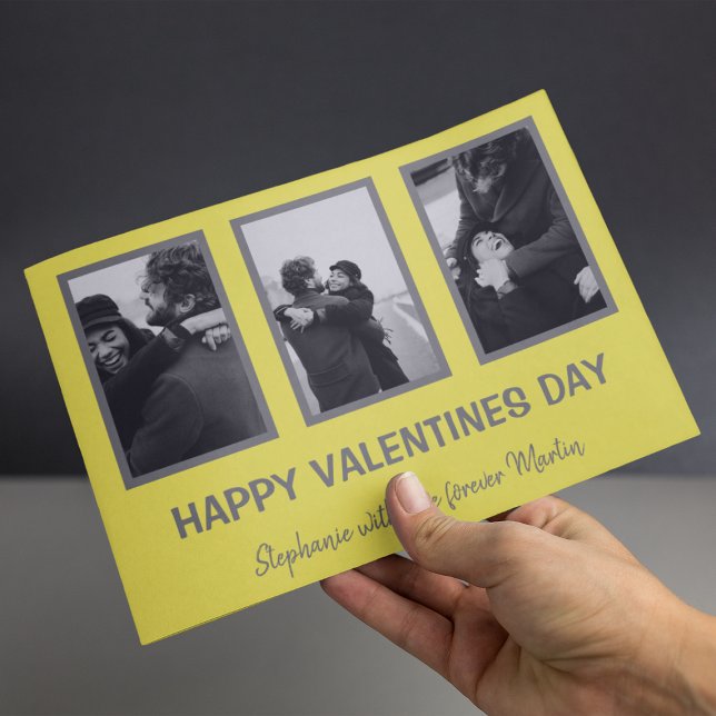 Minimal Gray And Yellow 3 Photo Valentines Day Holiday Card (Creator Uploaded)