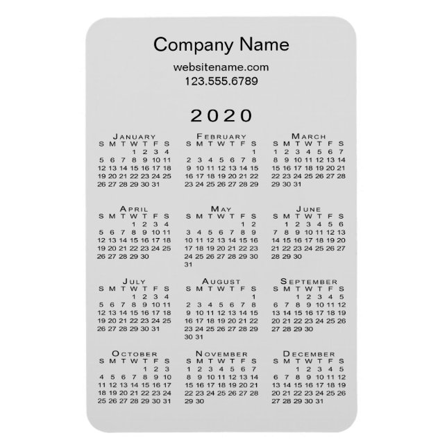 Minimal Gray Black 2020 Calendar Company Name Info Magnet (Vertical)