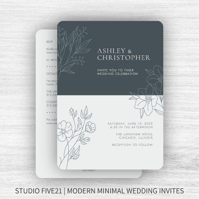 Minimal Gray Foliage Outline All-in-One Wedding Invitation (Creator Uploaded)
