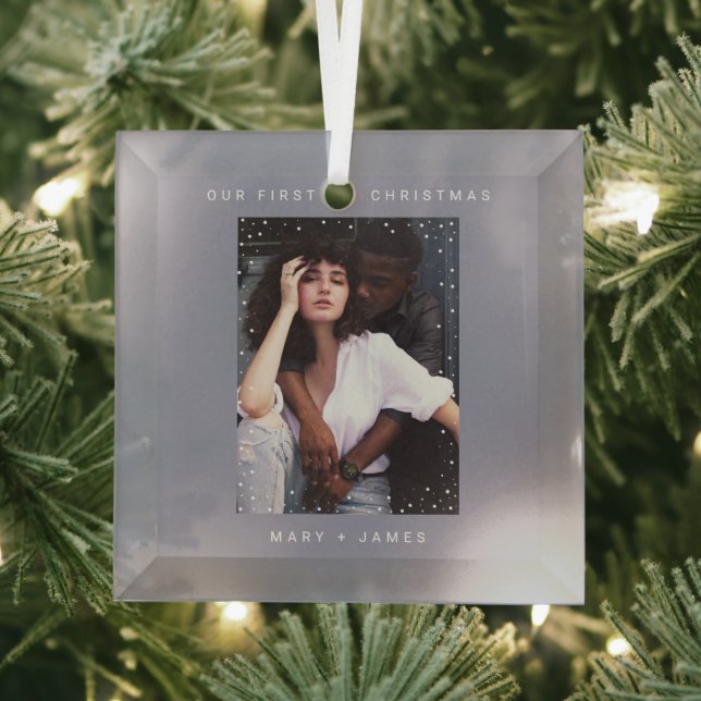 Minimal Gray Modern | Merry and Married Photo Glass Ornament (Insitu)