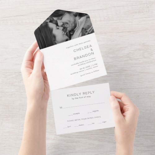 Minimal Gray Monogram Photo Modern Wedding All In One Invitation