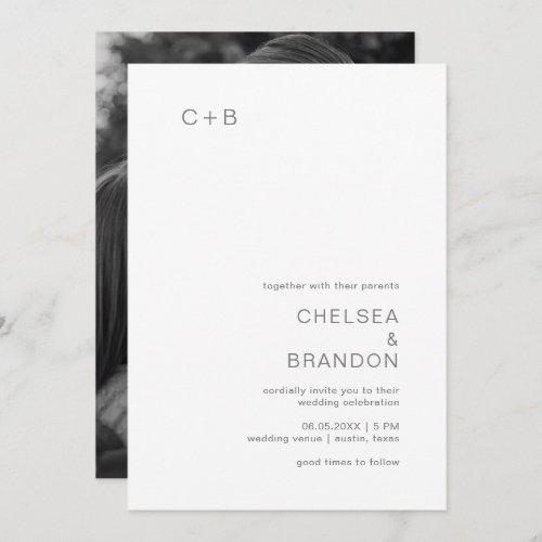 Minimal Gray Monogram Photo Modern Wedding Invitation