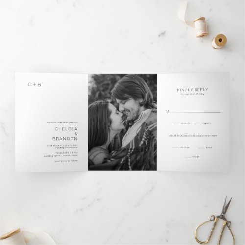 Minimal Gray Monogram Photo Modern Wedding Tri_Fold Invitation