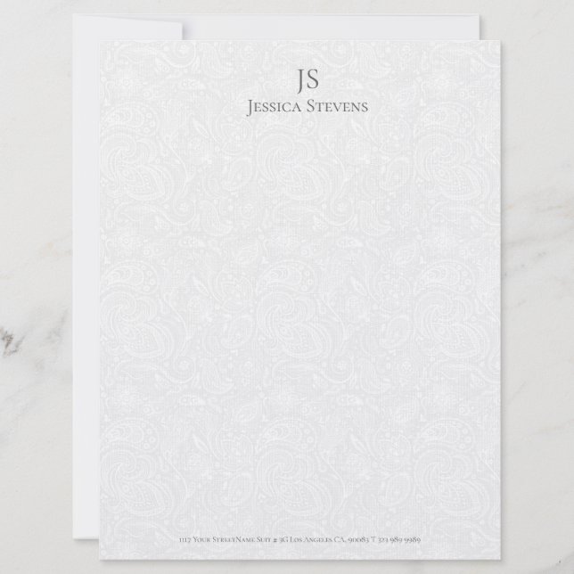 Minimal Gray Monogram Plush White Damask Pattern Letterhead (Front)