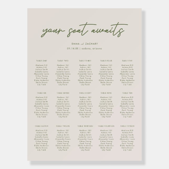 Minimal Gray & Olive Green Script Seating Chart Foam Board (Front)