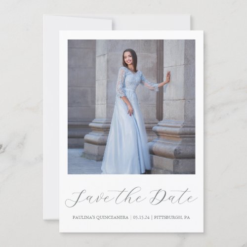 Minimal Gray Quinceanera Simple Calligraphy Photo Save The Date