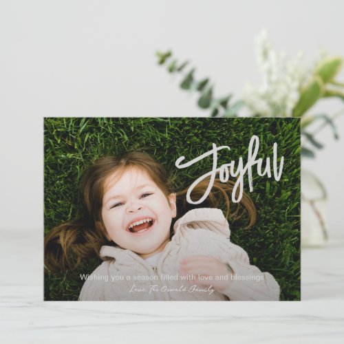 Minimal Gray Script Joyful Photo Modern Christmas Holiday Card