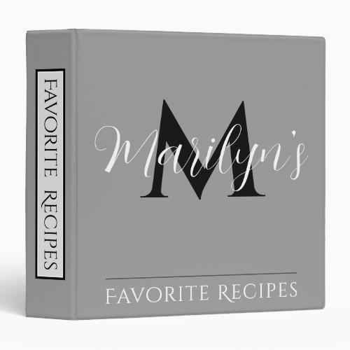 Minimal Gray Script Monogram Recipe Cookbook 3 Ring Binder