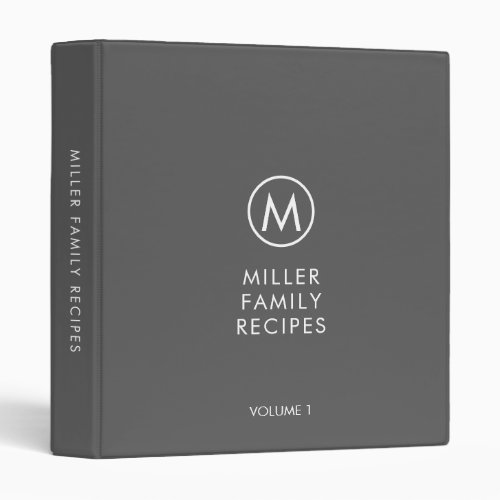 Minimal Gray Stylish Family Monogram Recipe 3 Ring Binder