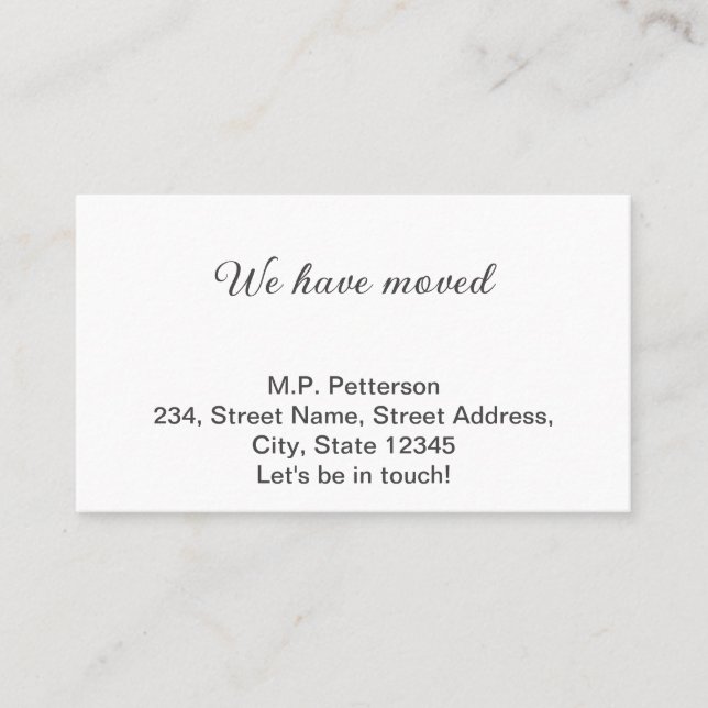 minimal gray we have moved add name address text  business card (Front)