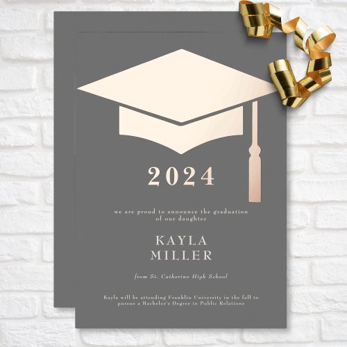 Minimal Gray White Rose Gold Cap Grad Announcement