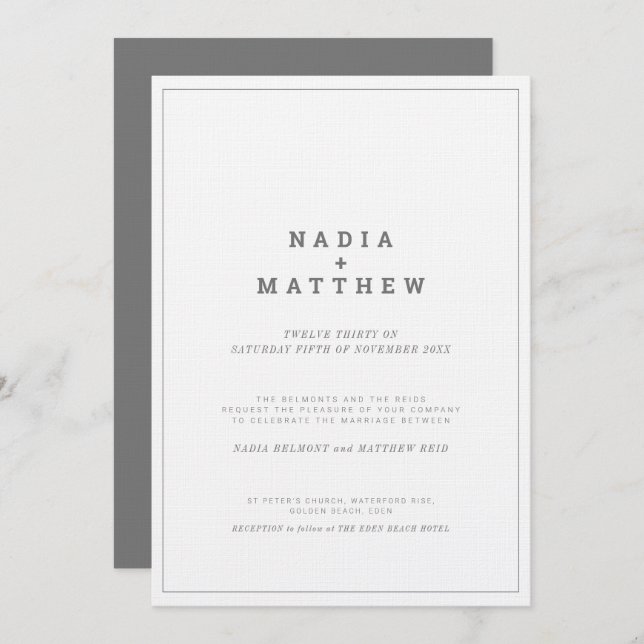 Minimal gray white vertical text wedding invitation (Front/Back)