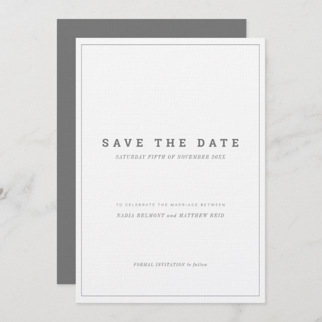Minimal gray white vertical wedding save the date invitation (Front/Back)