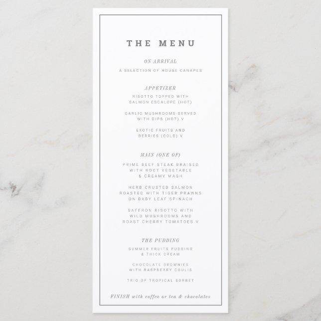 Minimal gray white wedding or event custom long menu (Front)