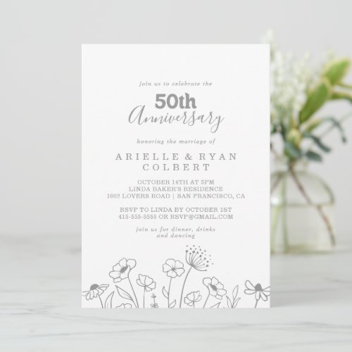 Minimal Gray Wildflower 50th Wedding Anniversary Invitation