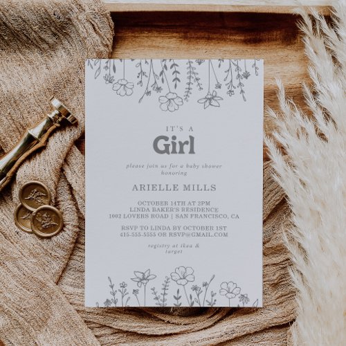 Minimal Gray Wildflower It's A Girl Baby Shower Invitation