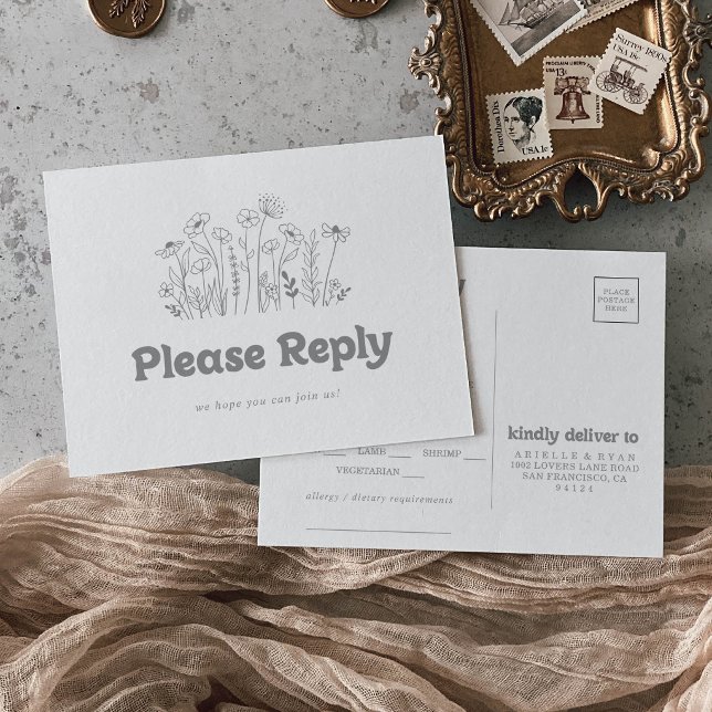Minimal Gray Wildflower Menu Choice RSVP Postcard (Creator Uploaded)